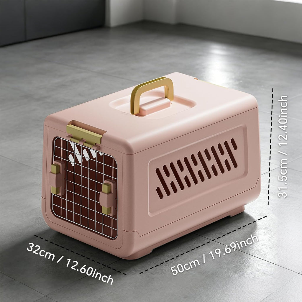 Plastic Geometric Hard-Sided Pet Carrier for Cats & Small Dogs, 19.69" L x 12.60" W x 12.40" H Airline-Approved Travel Kennel with Steel Secure Front Wire Door, Ventilation & Ergonomic Top Handle (Pink)