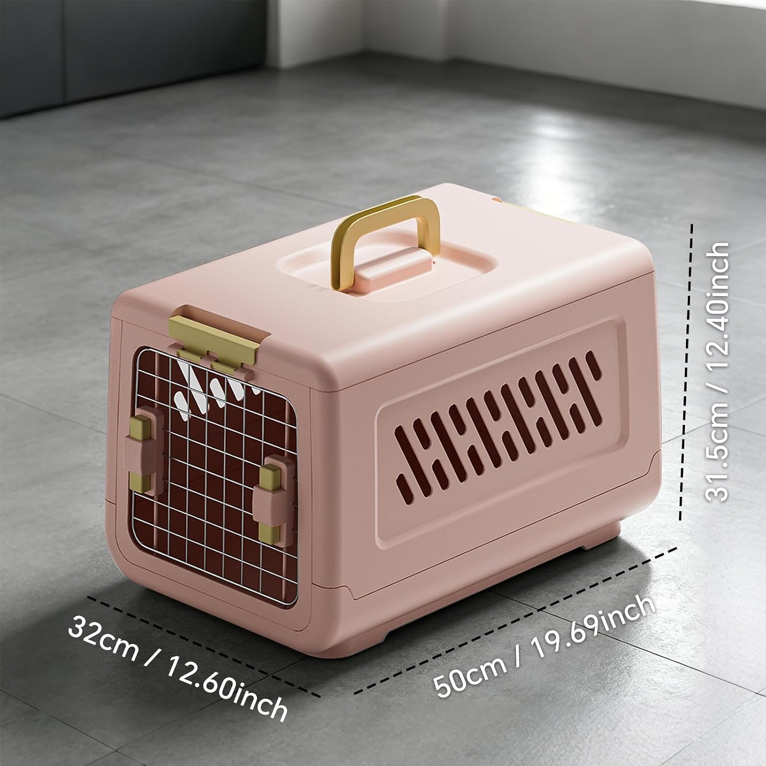 Plastic Geometric Hard-Sided Pet Carrier for Cats & Small Dogs, 19.69" L x 12.60" W x 12.40" H Airline-Approved Travel Kennel with Steel Secure Front Wire Door, Ventilation & Ergonomic Top Handle (Pink)