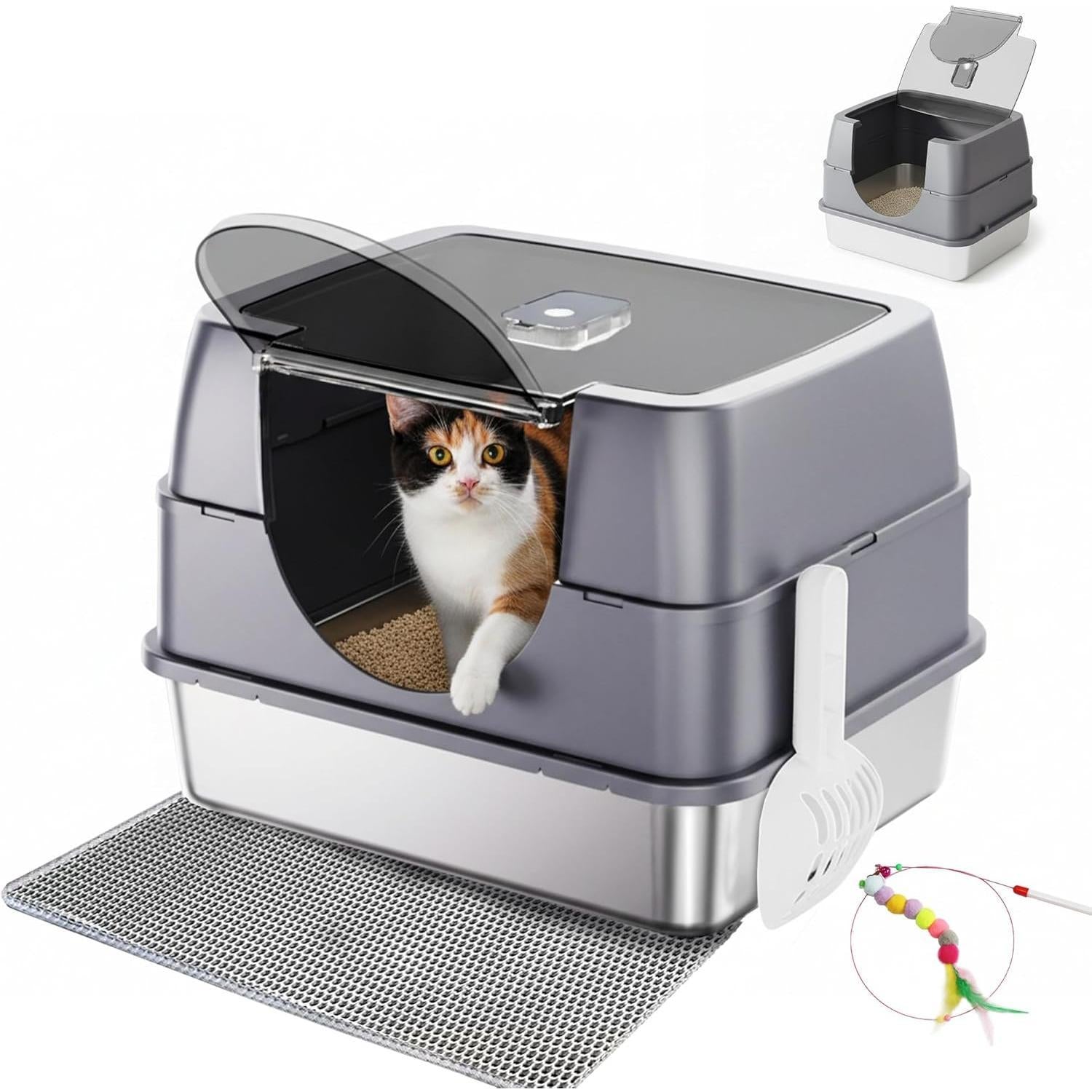 Stainless steel Enclosed Cat Litter Box with Flip-Top Lid, Large Covered Litter Box, High Sided Litter Pan with Litter Scoop & Mat, Odor Control, Leak Proof, Easy Cleaning, Grey