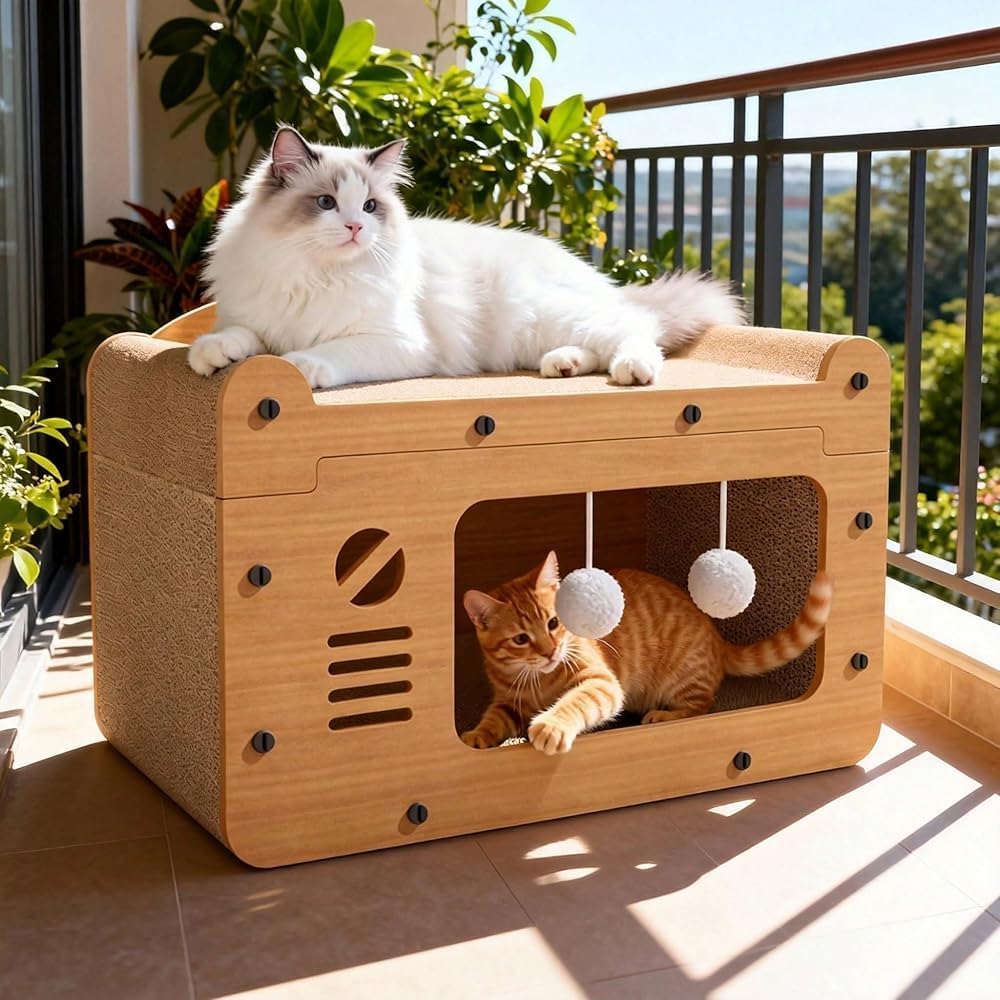 New Multi-Function Cat Scratcher House,3-in-1 Scratch Pad and Soft Bed , Durable Build & Ideal for Cats/Kitty Modern-Style Cat House| Ideal for cats to rest, relax, and play(Color:yellow/B)