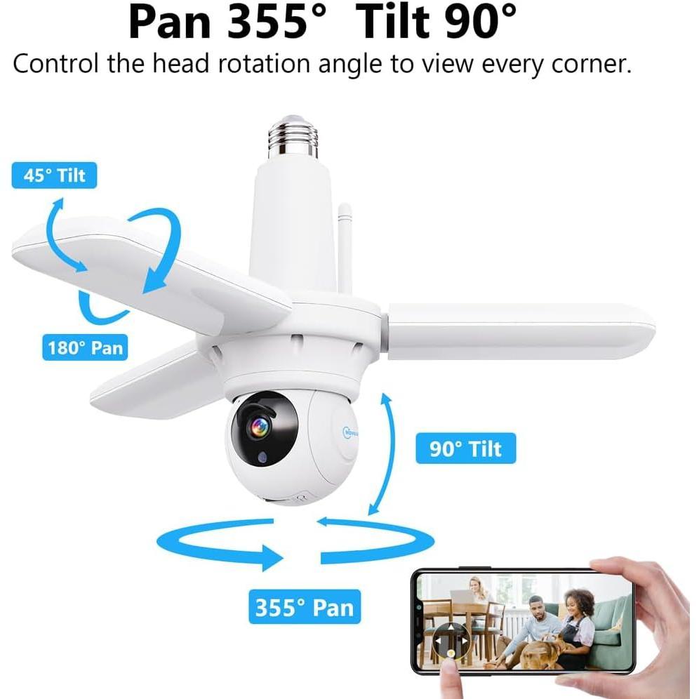 Wireless Security Camera Light Works with Alexa,Super Bright 30W 3000Lumens Garage Light with Wired Socket and 64g TFcard, WiFi 360 PTZ Smart AI Human Detection Cam,Two-Way Audio,Color Night Vision