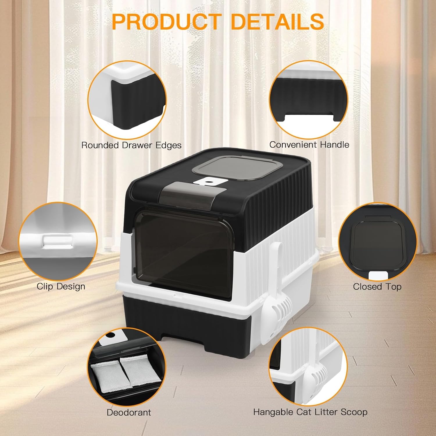 Enclosed Cat Litter Box, Foldable Lightweight with Litter Scoop, Easy to Clean, Black
