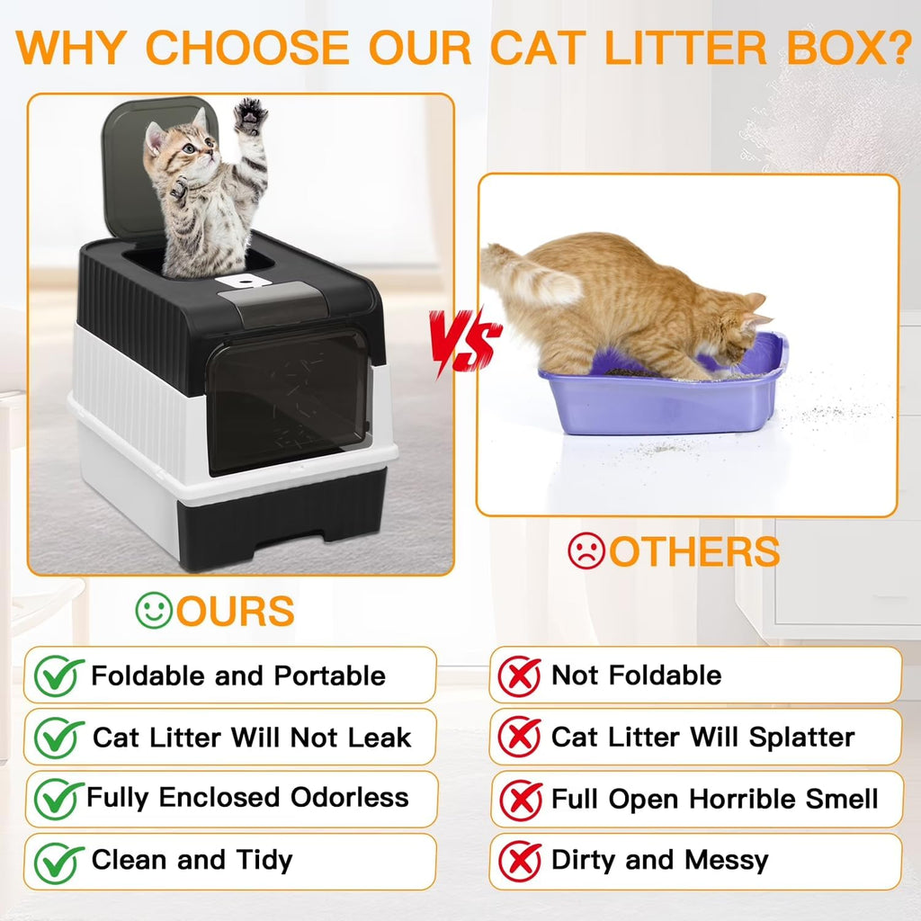 Enclosed Cat Litter Box, Foldable Lightweight with Litter Scoop, Easy to Clean, Black