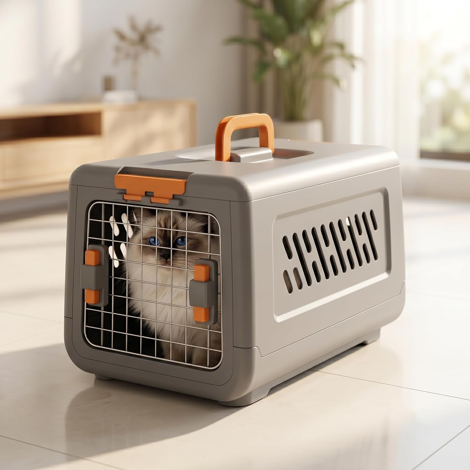 Plastic Geometric Hard-Sided Pet Carrier for Cats & Small Dogs, 19.69" L x 12.60" W x 12.40" H Airline-Approved Travel Kennel with Steel Secure Front Wire Door, Ventilation & Ergonomic Top Handle (Pink)