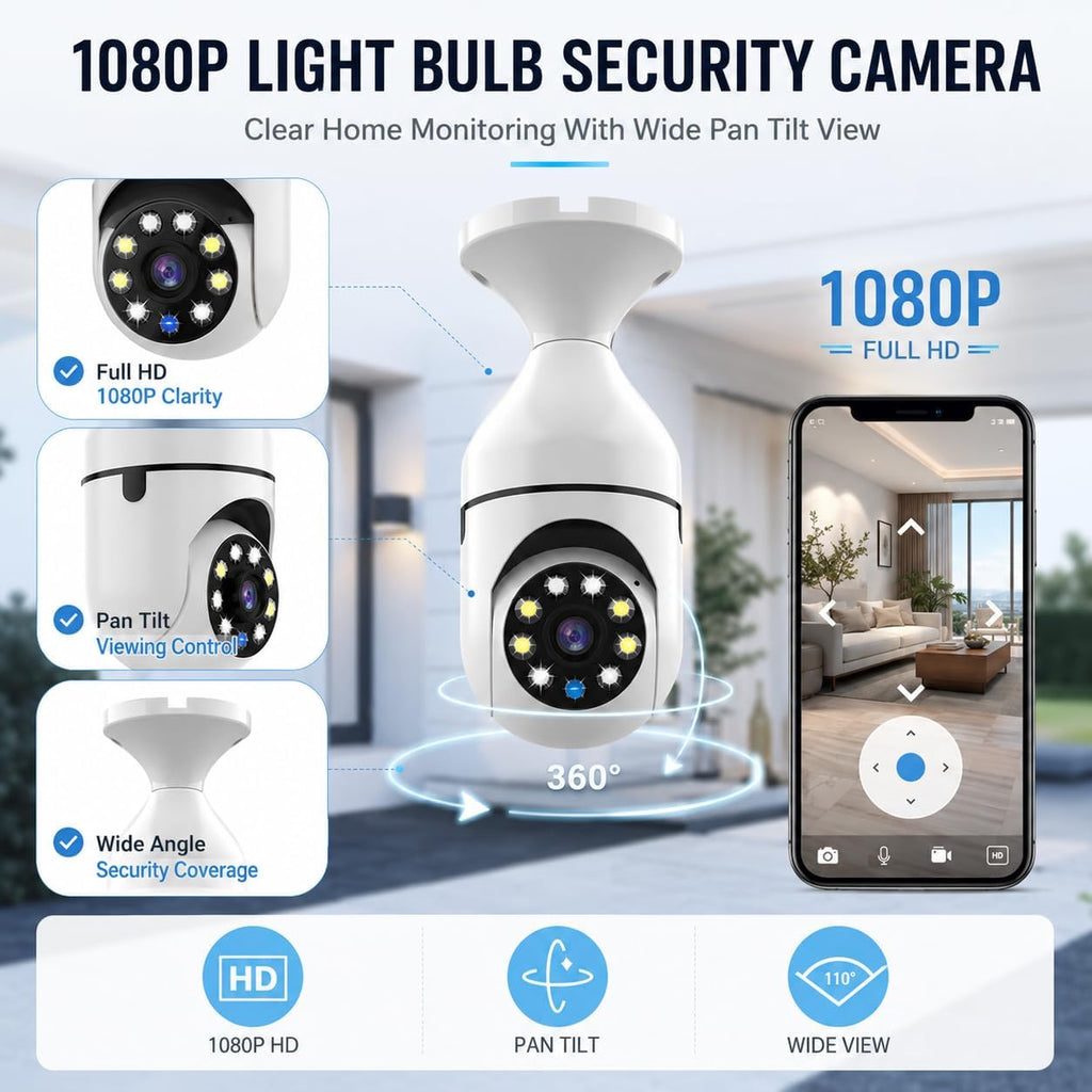 Light Bulb Security Camera - 1080P HD Wireless Outdoor PTZ Dome Camera with Motion Detection, Two Way Audio, Night Vision and Remote Viewing for Home Surveillance
