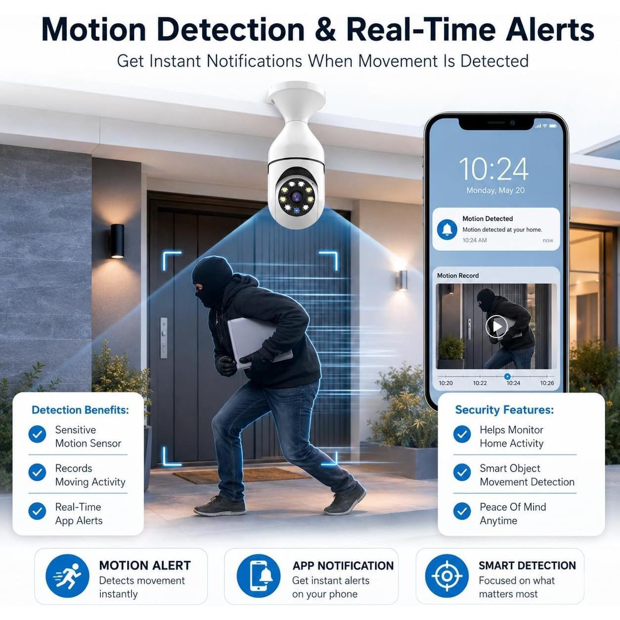 Light Bulb Security Camera - 1080P HD Wireless Outdoor PTZ Dome Camera with Motion Detection, Two Way Audio, Night Vision and Remote Viewing for Home Surveillance