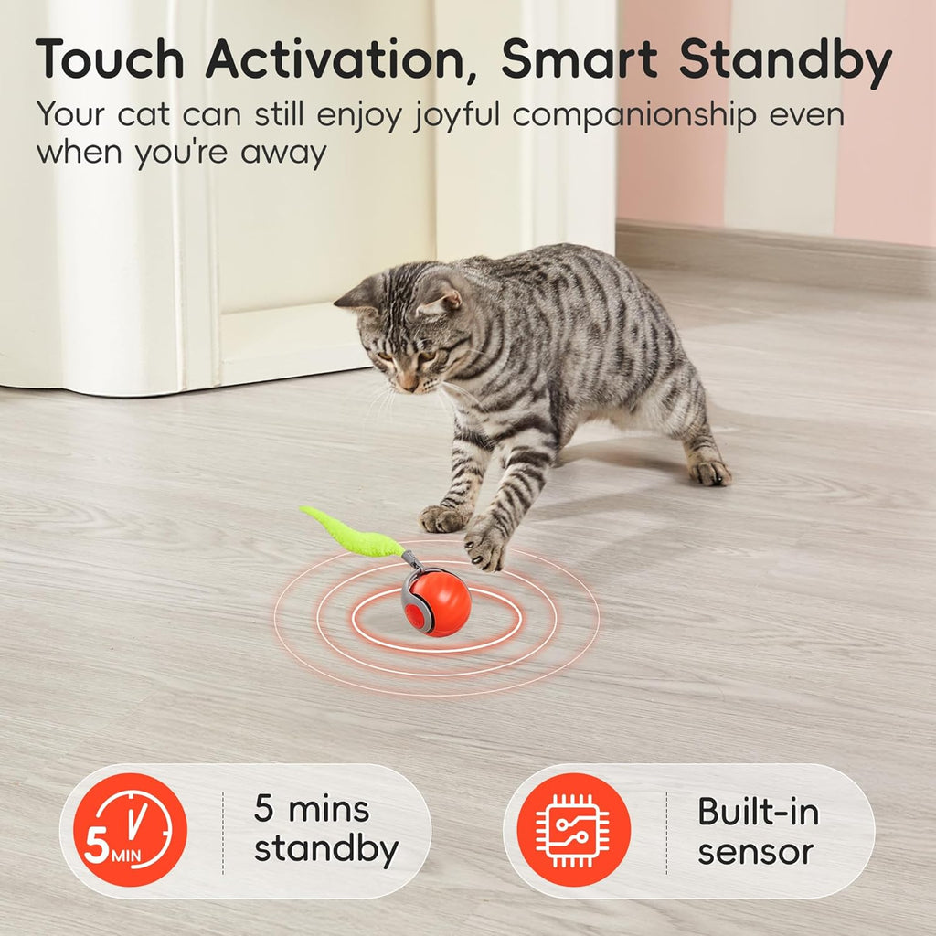 Potaroma Engaging Plush Silicone Moving Ball Cat Teaser Toy with Feather Tail, Rechargeable 2025 New Interactive Toy for Indoor Cats to Stimulate Hunting Instincts, Orange
