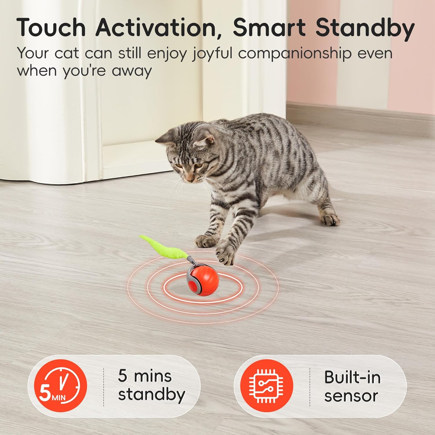 Potaroma Engaging Plush Silicone Moving Ball Cat Teaser Toy with Feather Tail, Rechargeable 2025 New Interactive Toy for Indoor Cats to Stimulate Hunting Instincts, Orange