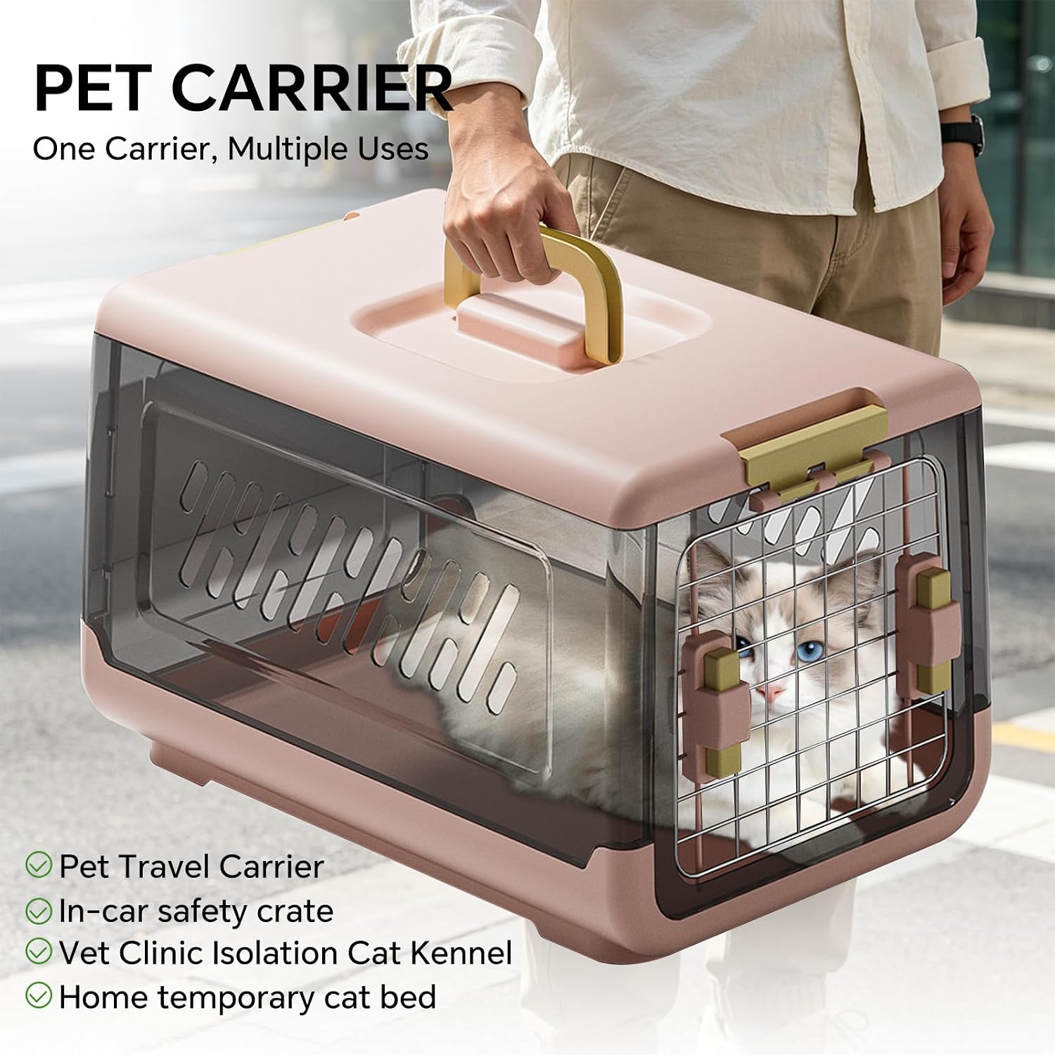 Plastic Geometric Hard-Sided Pet Carrier for Cats & Small Dogs, 19.69" L x 12.60" W x 12.40" H Airline-Approved Travel Kennel with Steel Secure Front Wire Door, Ventilation & Ergonomic Top Handle (Pink)