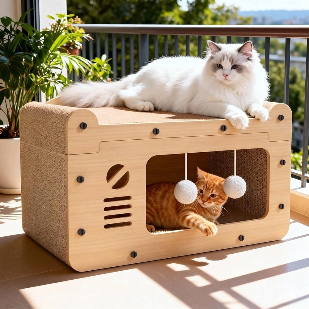 New Multi-Function Cat Scratcher House,3-in-1 Scratch Pad and Soft Bed , Durable Build & Ideal for Cats/Kitty Modern-Style Cat House| Ideal for cats to rest, relax, and play(Color:yellow/B)