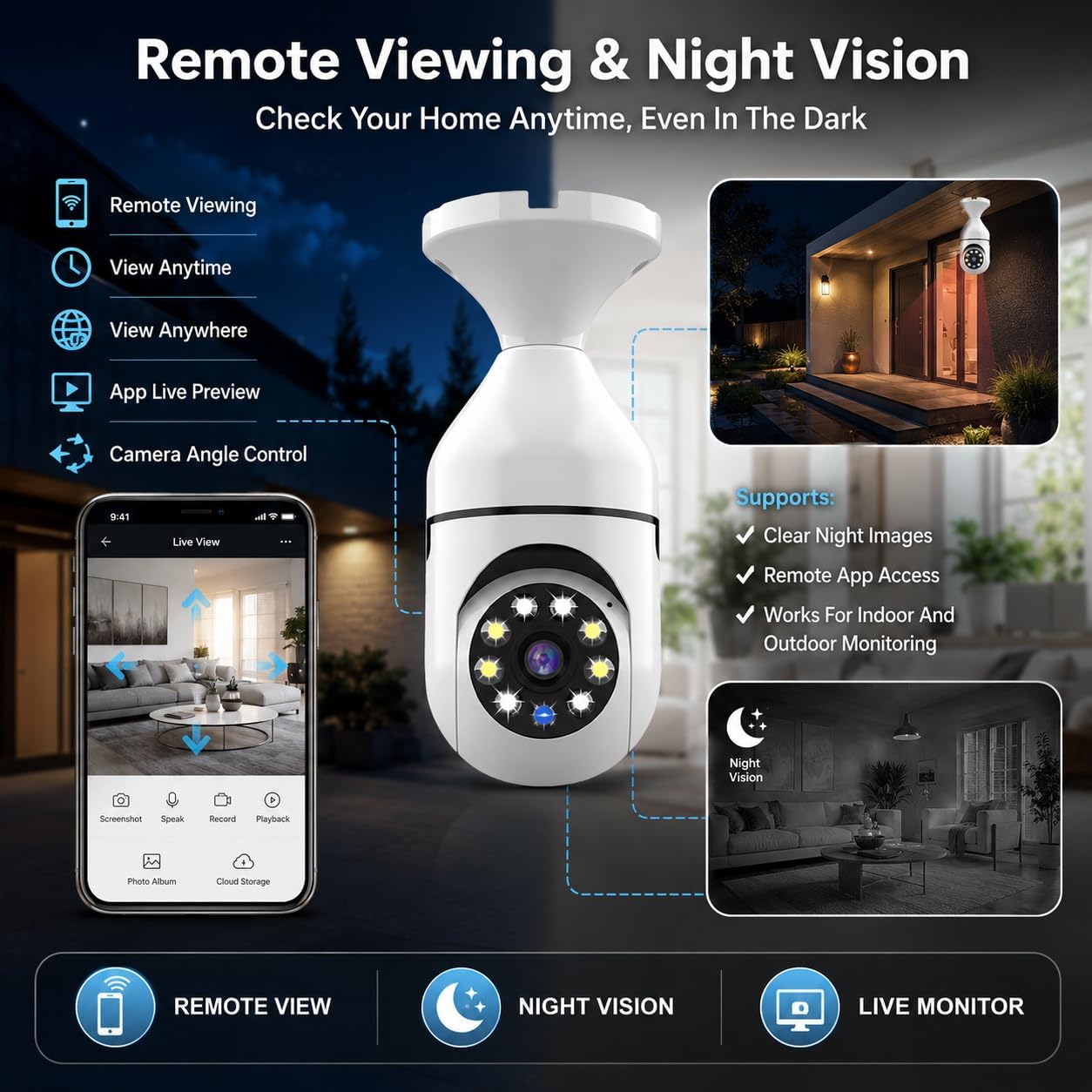 Light Bulb Security Camera - 1080P HD Wireless Outdoor PTZ Dome Camera with Motion Detection, Two Way Audio, Night Vision and Remote Viewing for Home Surveillance