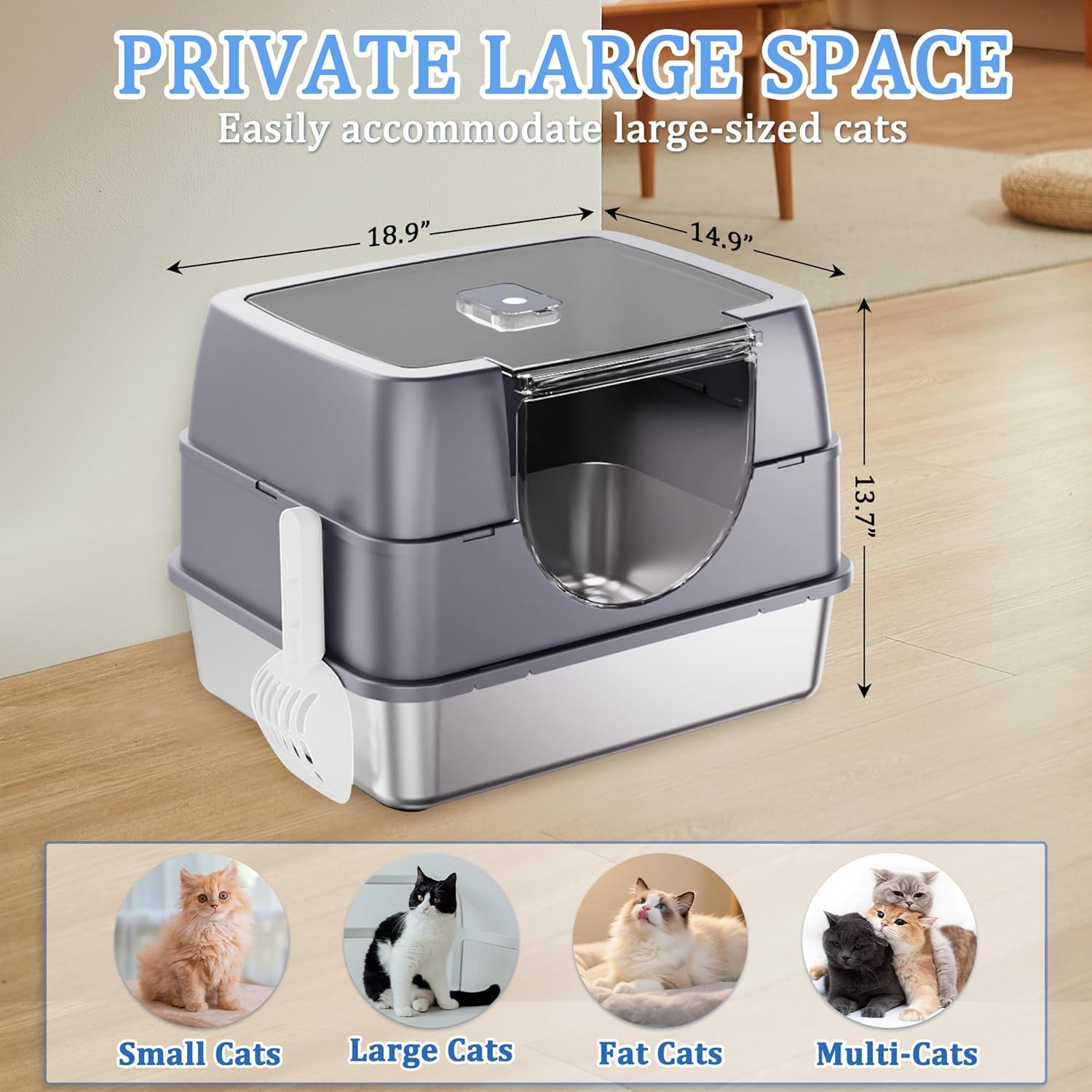 Stainless steel Enclosed Cat Litter Box with Flip-Top Lid, Large Covered Litter Box, High Sided Litter Pan with Litter Scoop & Mat, Odor Control, Leak Proof, Easy Cleaning, Grey