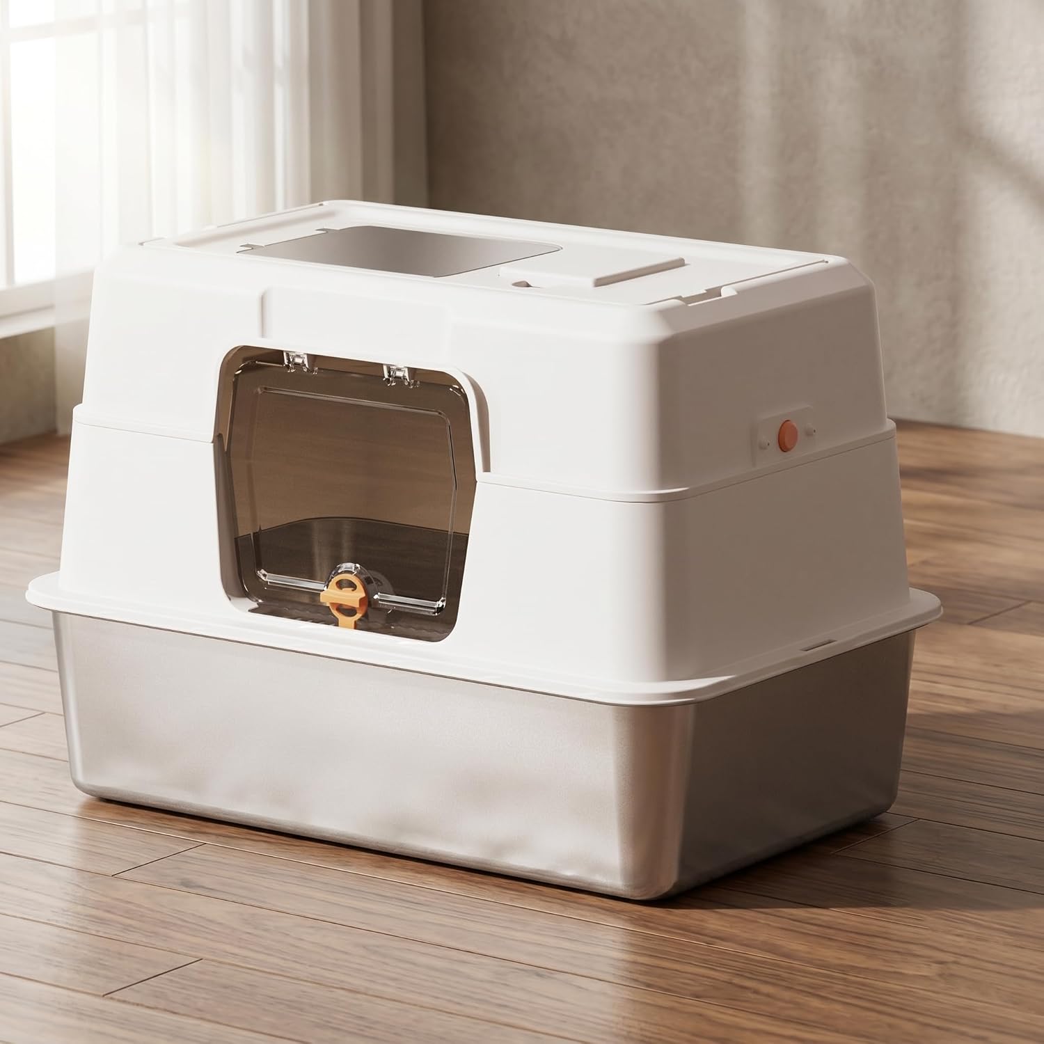 Stainless Steel Cat Litter Box, Fully Enclosed Hooded Large Pan with Odor Control, High Sides, Non-Stick Bottom, Dual Access Top Entry Design, 19.7x13.8x13.8 Inch (White), Stainless Steel Litter Box
