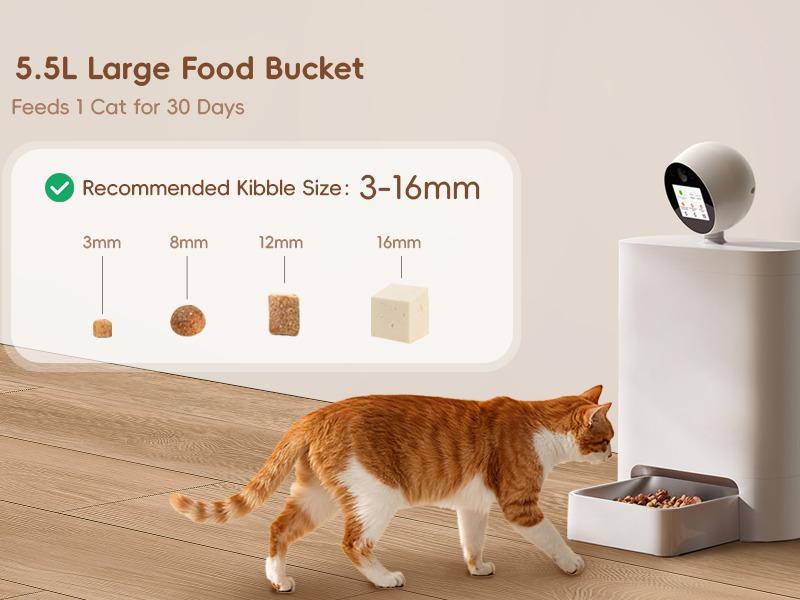 Automatic Cat Feeder with Camera 360°, 2k HD Video Night Vision, AI-Powered for Auto Pet Tracking, 5G/2.4G Wi-Fi & 2-Way Audio, Smart APP Control, Low Food Alert, 5.5L Timed Pet Feeder
