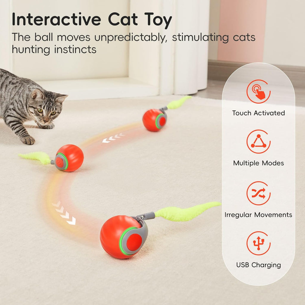 Potaroma Engaging Plush Silicone Moving Ball Cat Teaser Toy with Feather Tail, Rechargeable 2025 New Interactive Toy for Indoor Cats to Stimulate Hunting Instincts, Orange
