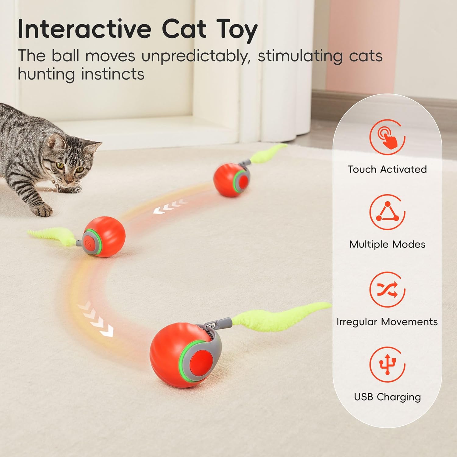 Potaroma Engaging Plush Silicone Moving Ball Cat Teaser Toy with Feather Tail, Rechargeable 2025 New Interactive Toy for Indoor Cats to Stimulate Hunting Instincts, Orange