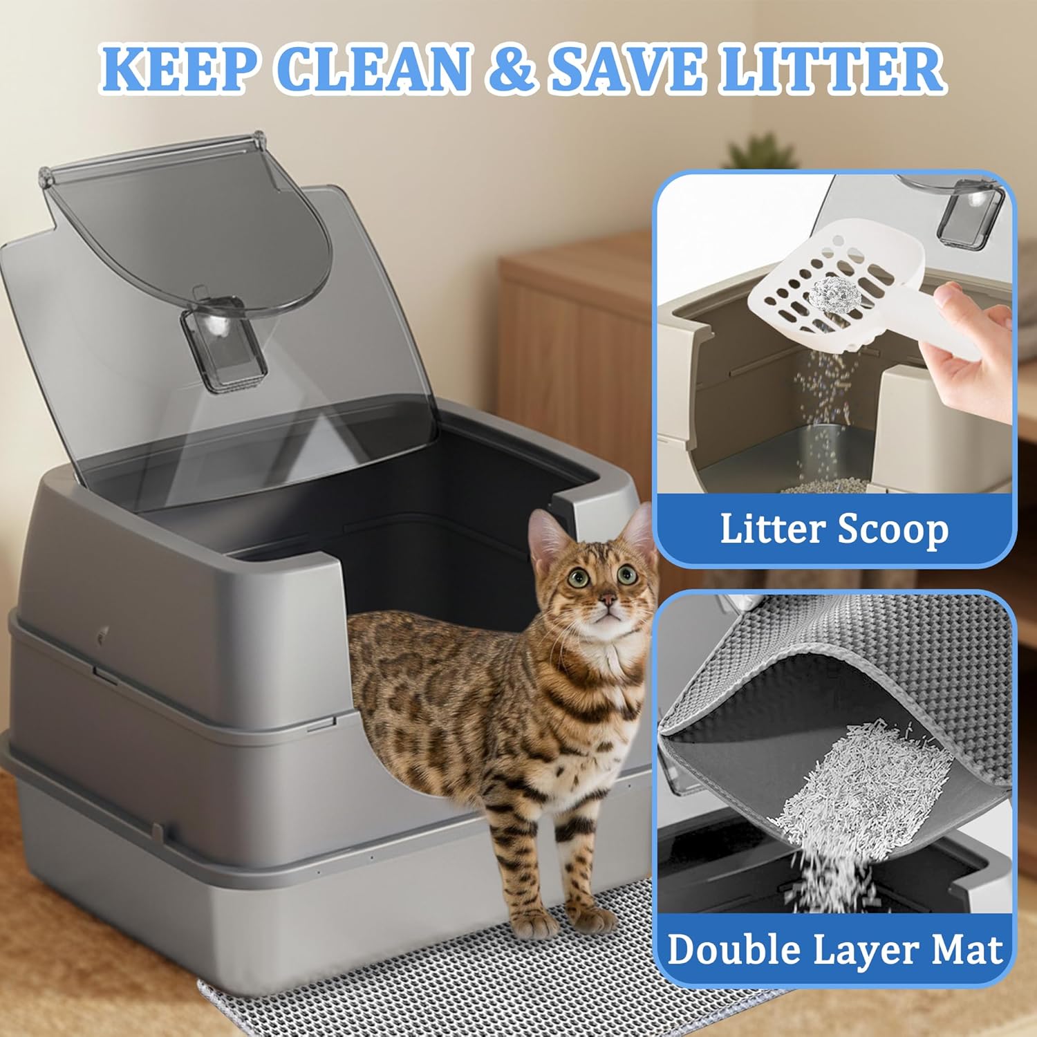 Stainless steel Enclosed Cat Litter Box with Flip-Top Lid, Large Covered Litter Box, High Sided Litter Pan with Litter Scoop & Mat, Odor Control, Leak Proof, Easy Cleaning, Grey