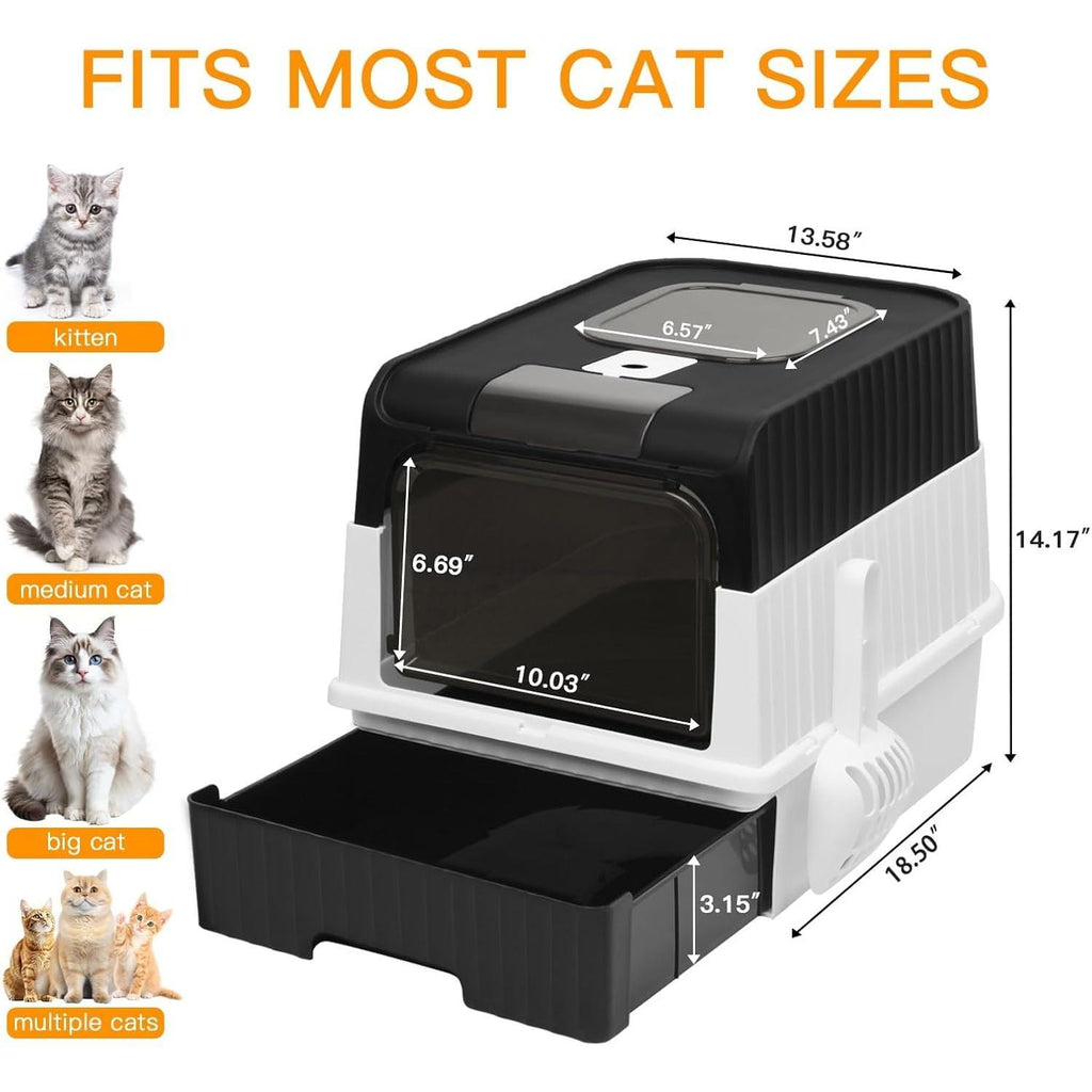 Enclosed Cat Litter Box, Foldable Lightweight with Litter Scoop, Easy to Clean, Black