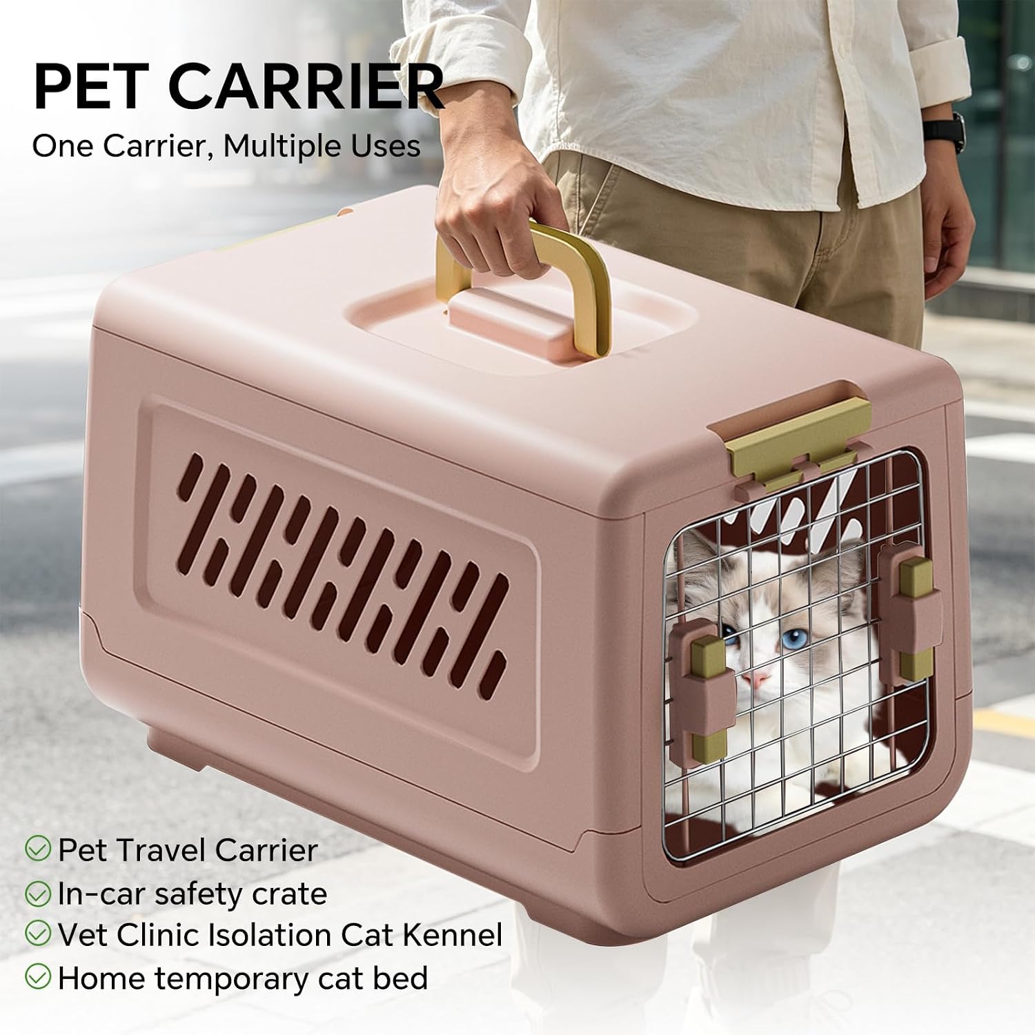 Plastic Geometric Hard-Sided Pet Carrier for Cats & Small Dogs, 19.69" L x 12.60" W x 12.40" H Airline-Approved Travel Kennel with Steel Secure Front Wire Door, Ventilation & Ergonomic Top Handle (Pink)
