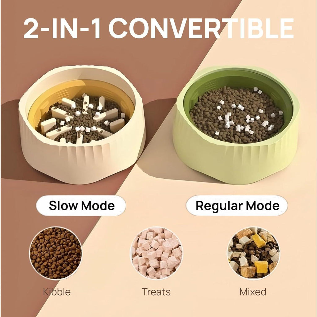 2-in-1 Convertible Slow Feeder Dog Bowl, Regular and Slow Mode for Fast Eaters, Anti-Bloat, Interactive Puzzle, Non-Slip for Small Medium Large Breed Dogs, Cats, Puppies, Pets, Creamy White