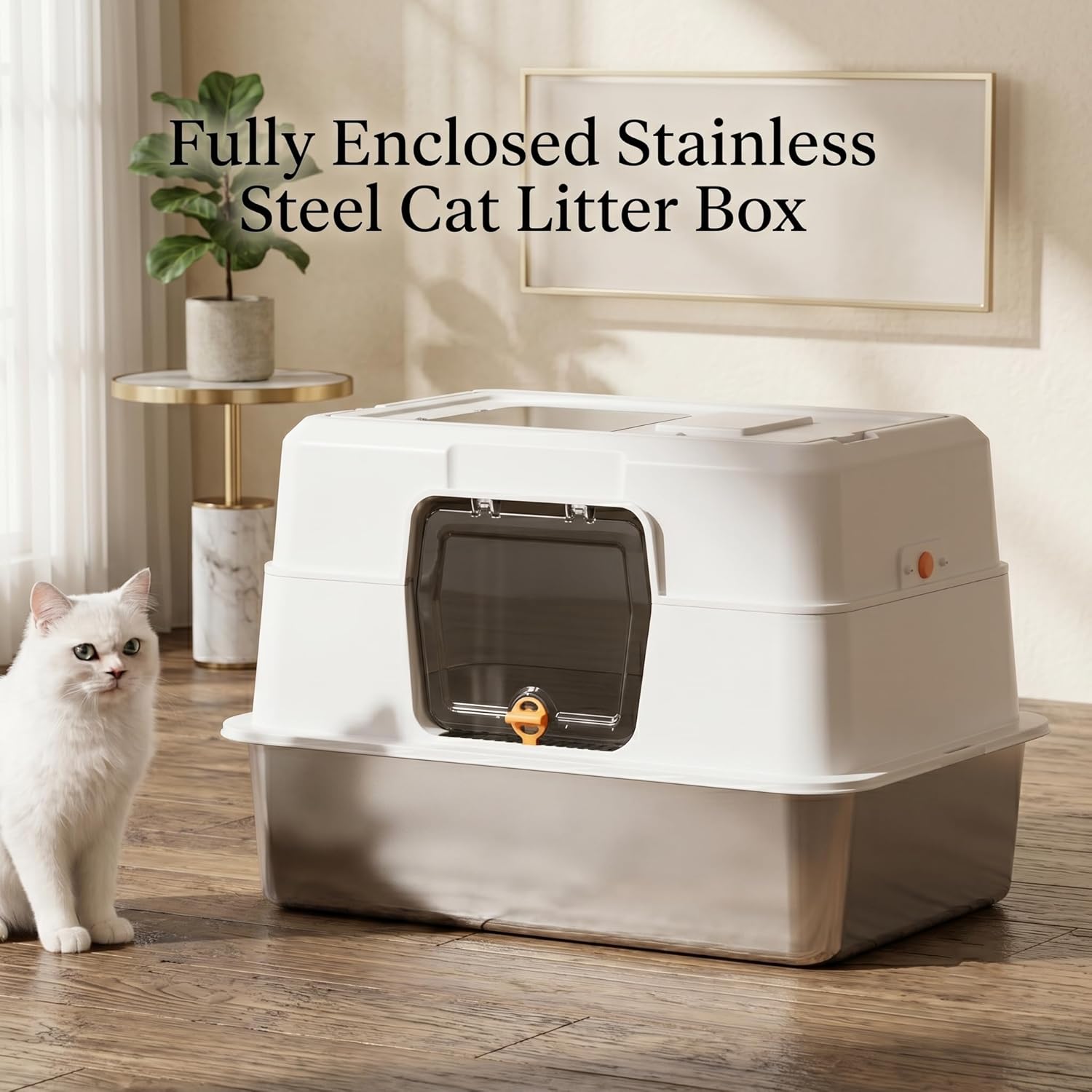 Stainless Steel Cat Litter Box, Fully Enclosed Hooded Large Pan with Odor Control, High Sides, Non-Stick Bottom, Dual Access Top Entry Design, 19.7x13.8x13.8 Inch (White), Stainless Steel Litter Box