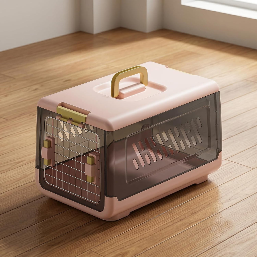 Plastic Geometric Hard-Sided Pet Carrier for Cats & Small Dogs, 19.69" L x 12.60" W x 12.40" H Airline-Approved Travel Kennel with Steel Secure Front Wire Door, Ventilation & Ergonomic Top Handle (Pink)