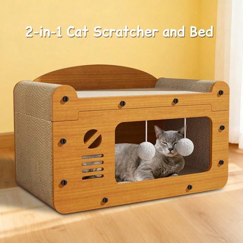 New Multi-Function Cat Scratcher House,3-in-1 Scratch Pad and Soft Bed , Durable Build & Ideal for Cats/Kitty Modern-Style Cat House| Ideal for cats to rest, relax, and play(Color:yellow/B)