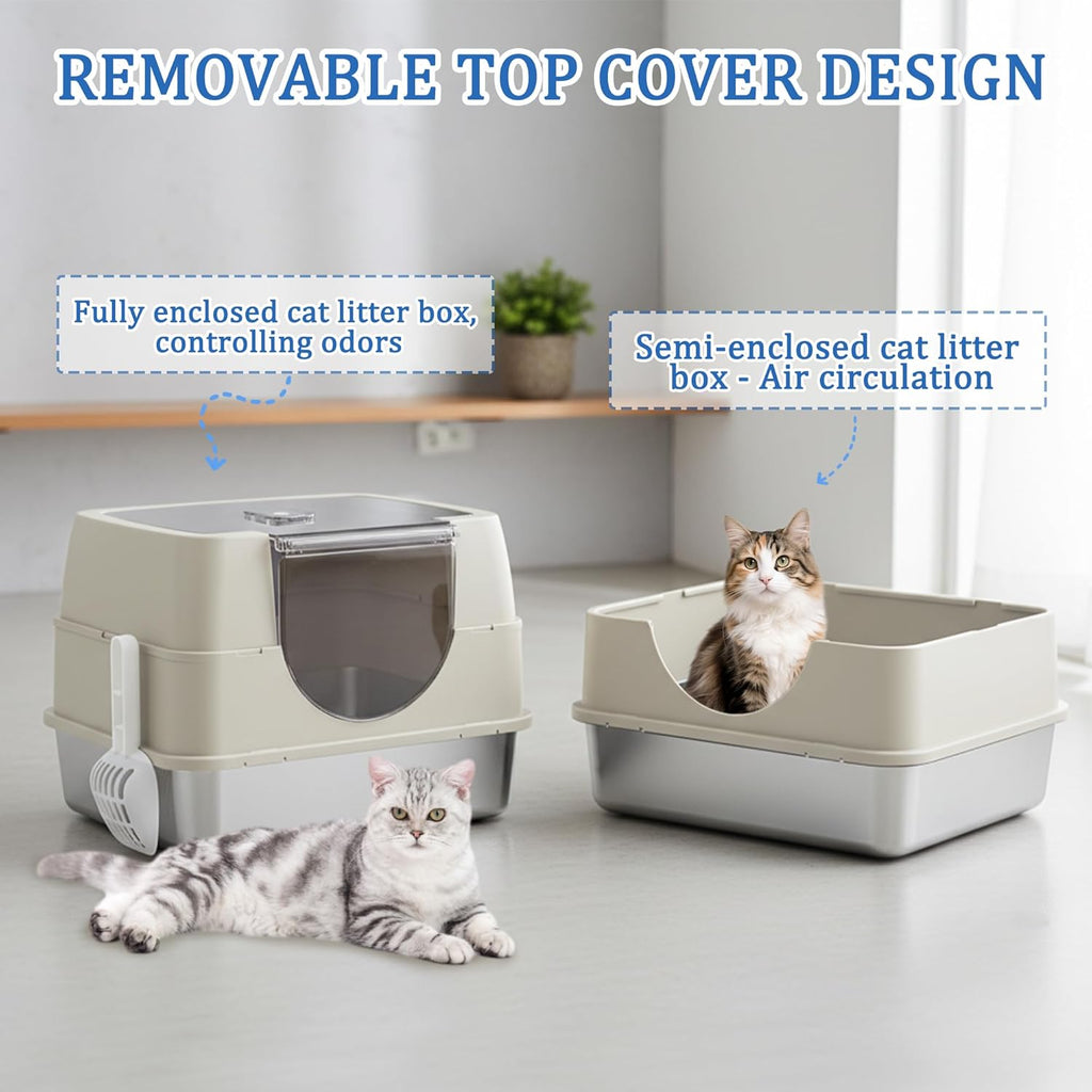 Stainless steel Enclosed Cat Litter Box with Flip-Top Lid, Large Covered Litter Box, High Sided Litter Pan with Litter Scoop & Mat, Odor Control, Leak Proof, Easy Cleaning, Grey