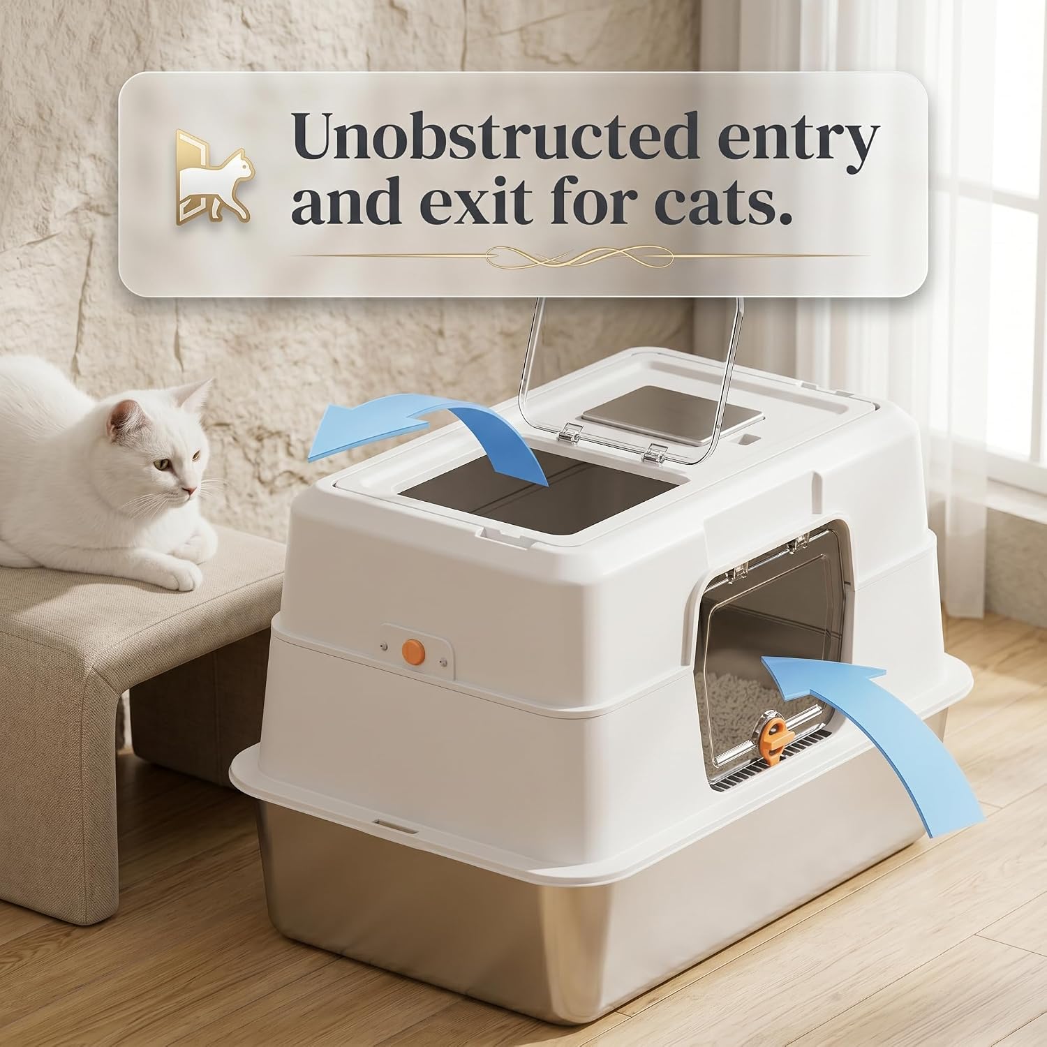 Stainless Steel Cat Litter Box, Fully Enclosed Hooded Large Pan with Odor Control, High Sides, Non-Stick Bottom, Dual Access Top Entry Design, 19.7x13.8x13.8 Inch (White), Stainless Steel Litter Box