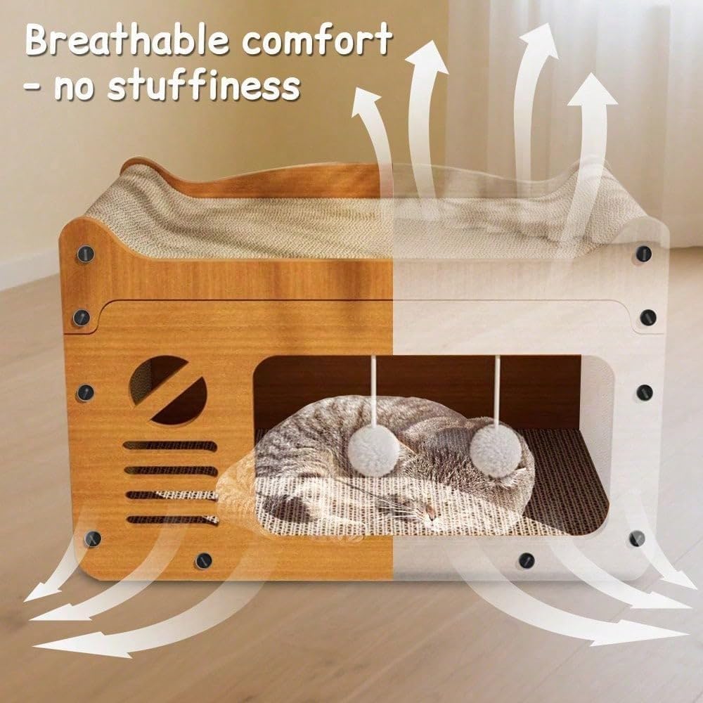 New Multi-Function Cat Scratcher House,3-in-1 Scratch Pad and Soft Bed , Durable Build & Ideal for Cats/Kitty Modern-Style Cat House| Ideal for cats to rest, relax, and play(Color:yellow/B)