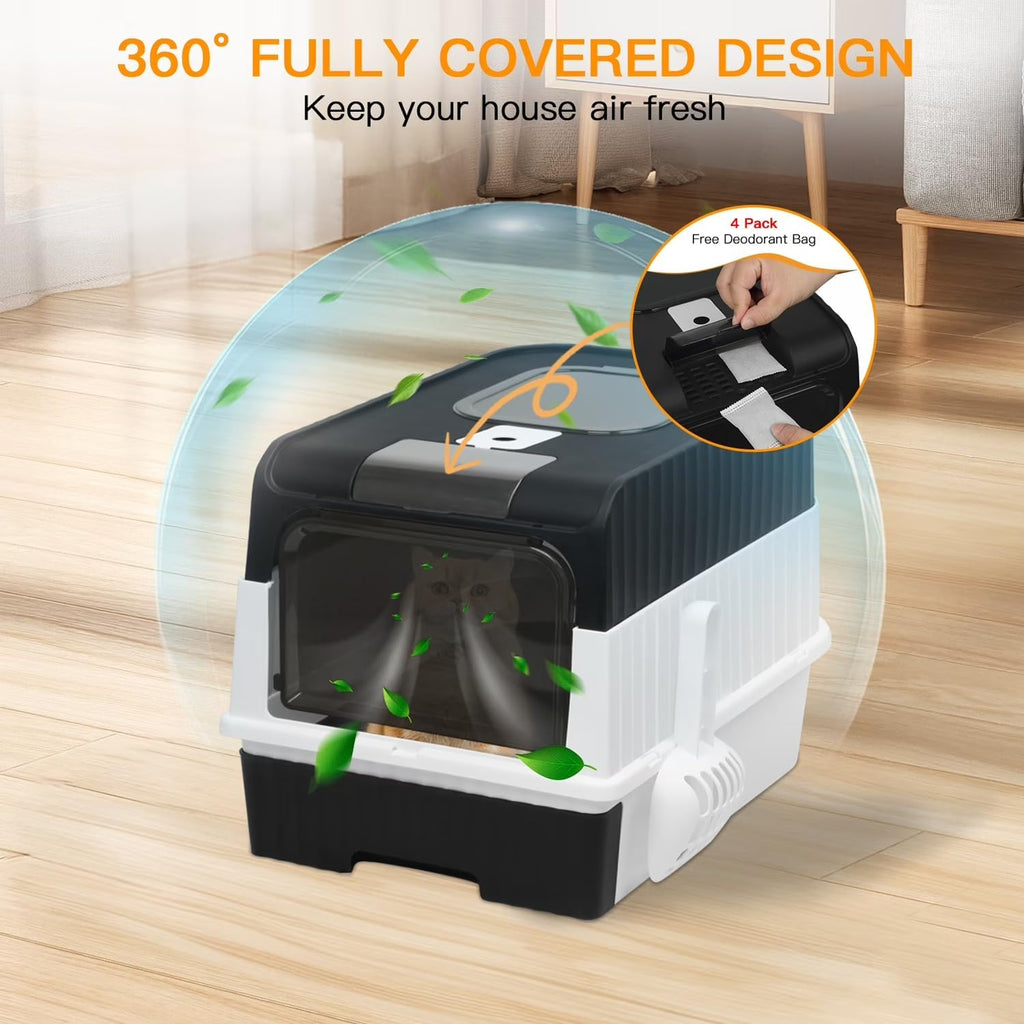 Enclosed Cat Litter Box, Foldable Lightweight with Litter Scoop, Easy to Clean, Black