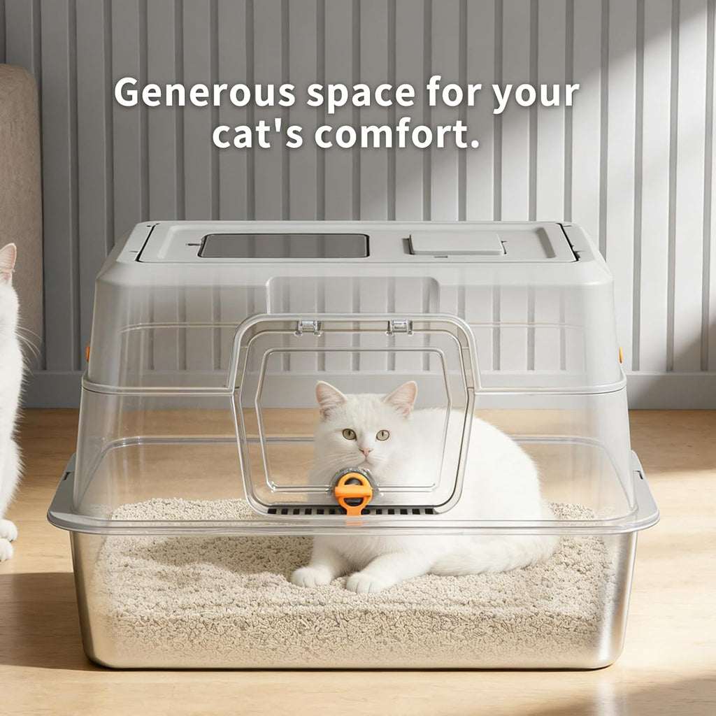 Stainless Steel Cat Litter Box, Fully Enclosed Hooded Large Pan with Odor Control, High Sides, Non-Stick Bottom, Dual Access Top Entry Design, 19.7x13.8x13.8 Inch (White), Stainless Steel Litter Box