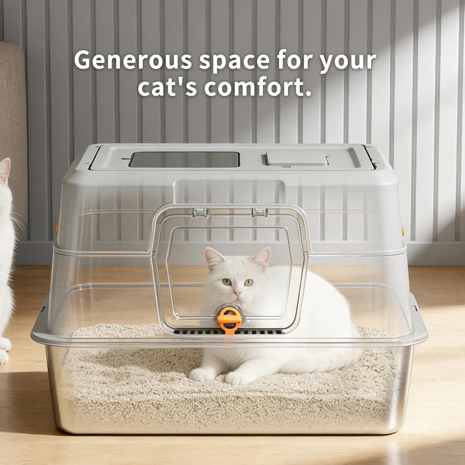 Stainless Steel Cat Litter Box, Fully Enclosed Hooded Large Pan with Odor Control, High Sides, Non-Stick Bottom, Dual Access Top Entry Design, 19.7x13.8x13.8 Inch (White), Stainless Steel Litter Box