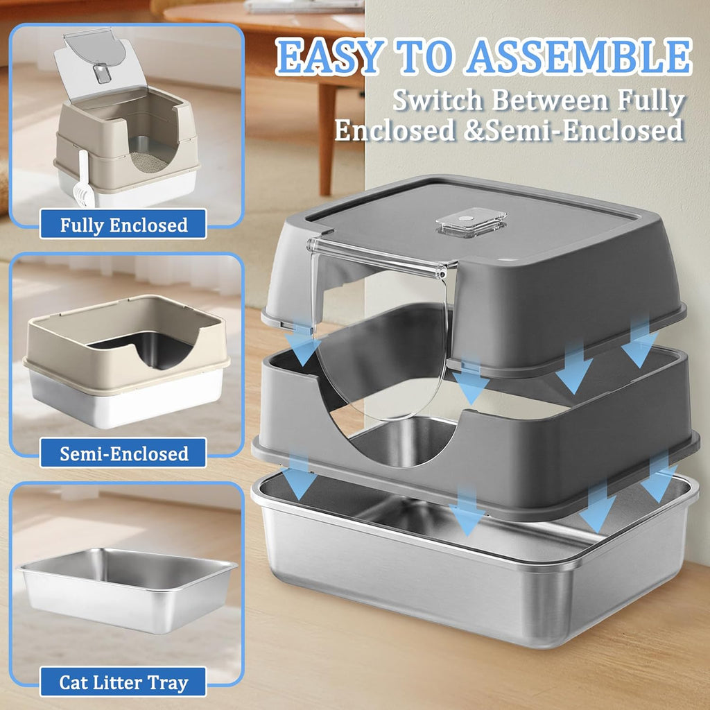 Stainless steel Enclosed Cat Litter Box with Flip-Top Lid, Large Covered Litter Box, High Sided Litter Pan with Litter Scoop & Mat, Odor Control, Leak Proof, Easy Cleaning, Grey