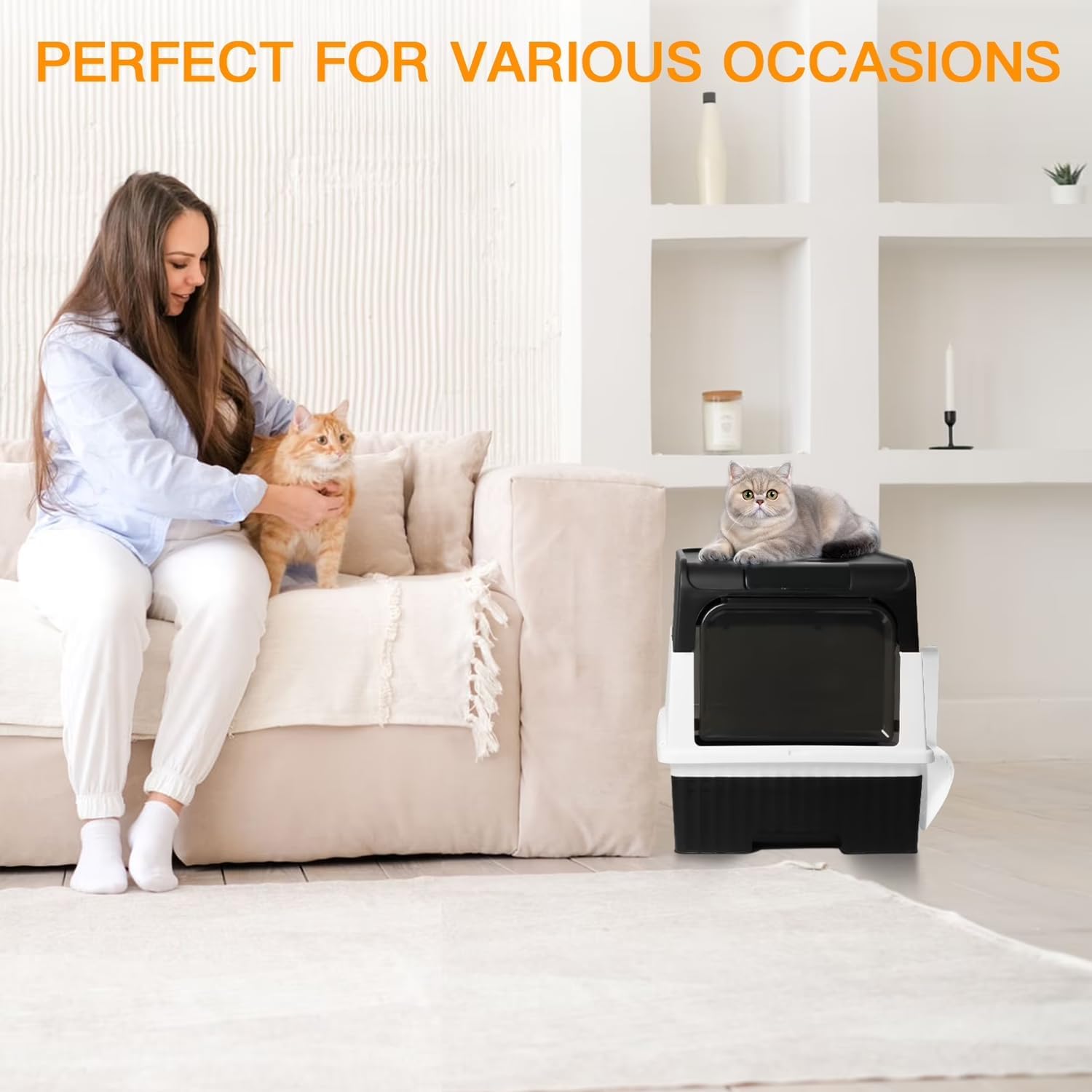 Enclosed Cat Litter Box, Foldable Lightweight with Litter Scoop, Easy to Clean, Black