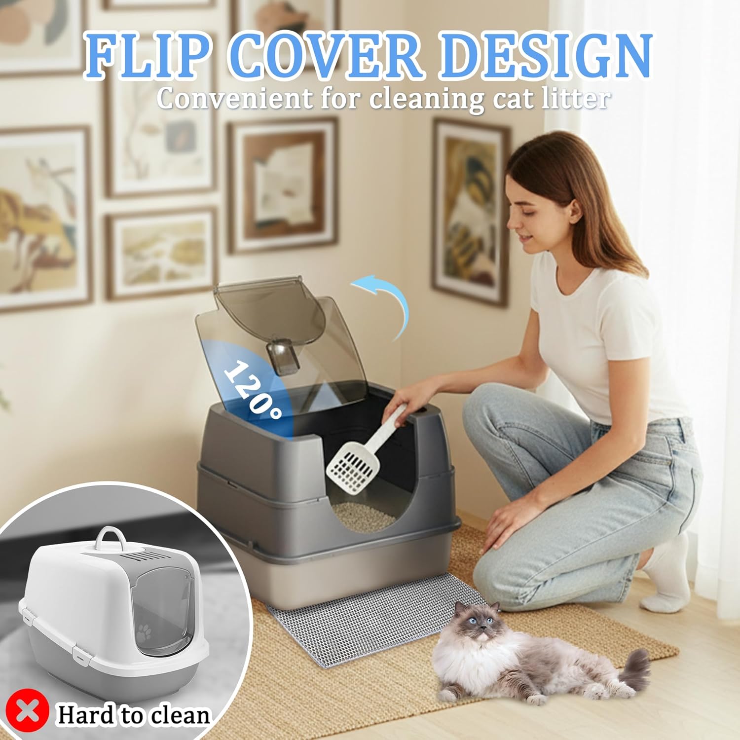 Stainless steel Enclosed Cat Litter Box with Flip-Top Lid, Large Covered Litter Box, High Sided Litter Pan with Litter Scoop & Mat, Odor Control, Leak Proof, Easy Cleaning, Grey