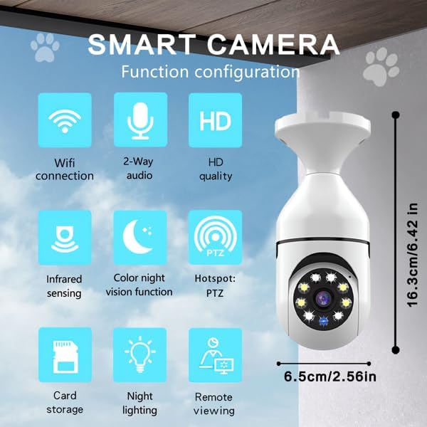 Light Bulb Security Camera - 1080P HD Wireless Outdoor PTZ Dome Camera with Motion Detection, Two Way Audio, Night Vision and Remote Viewing for Home Surveillance