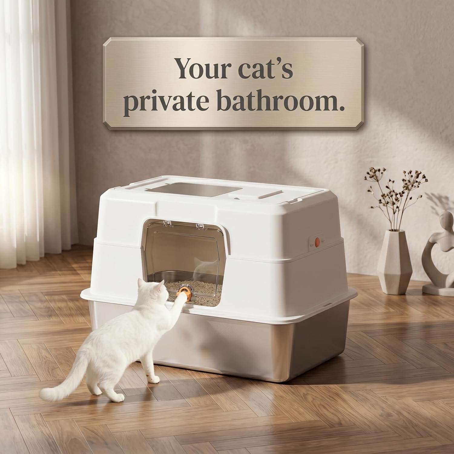 Stainless Steel Cat Litter Box, Fully Enclosed Hooded Large Pan with Odor Control, High Sides, Non-Stick Bottom, Dual Access Top Entry Design, 19.7x13.8x13.8 Inch (White), Stainless Steel Litter Box