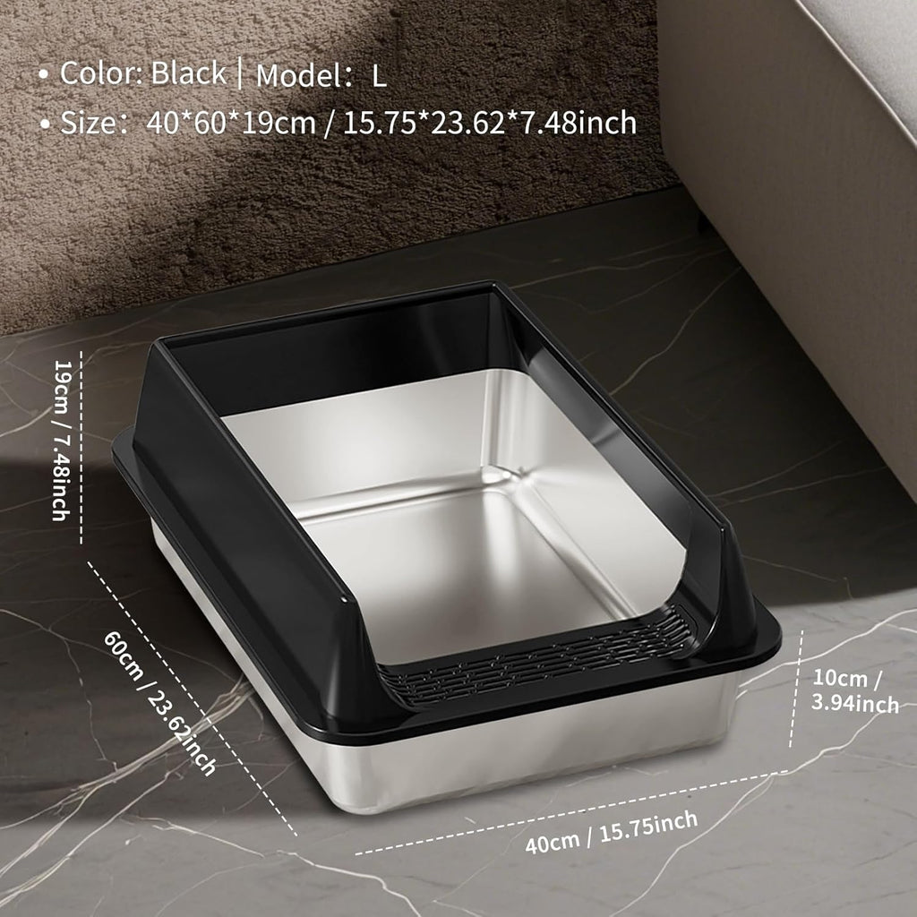 Black L10 Stainless Steel Cat Litter Box| Thickened, Scratch-Resistant & Leak-Proof, Non-Stick Surface, Easy to Clean, Suitable for All Cat Sizes