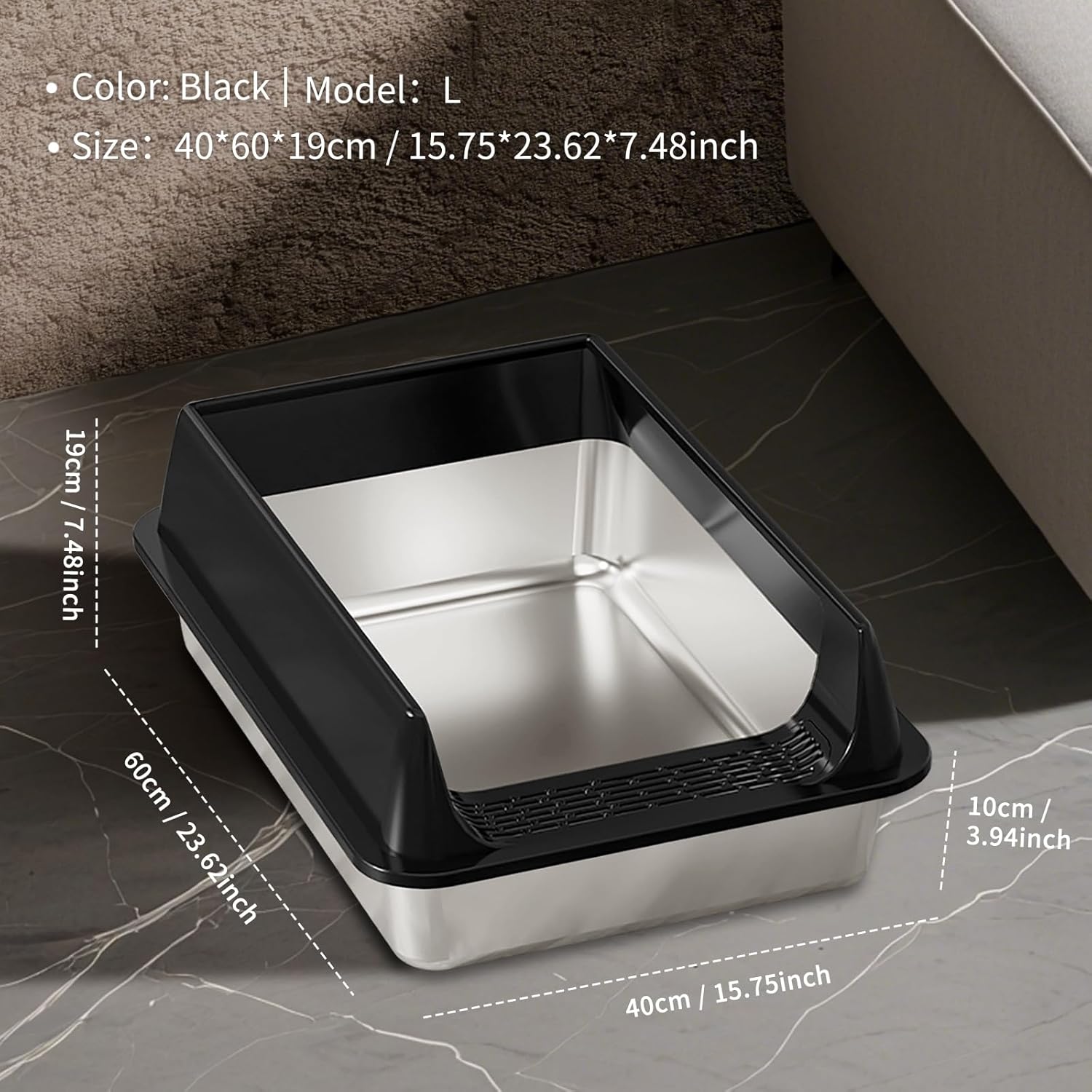 Black L10 Stainless Steel Cat Litter Box| Thickened, Scratch-Resistant & Leak-Proof, Non-Stick Surface, Easy to Clean, Suitable for All Cat Sizes