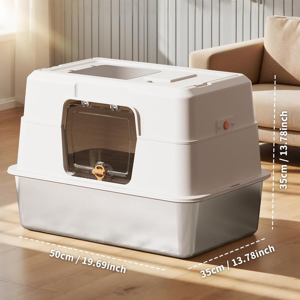 Stainless Steel Cat Litter Box, Fully Enclosed Hooded Large Pan with Odor Control, High Sides, Non-Stick Bottom, Dual Access Top Entry Design, 19.7x13.8x13.8 Inch (White), Stainless Steel Litter Box