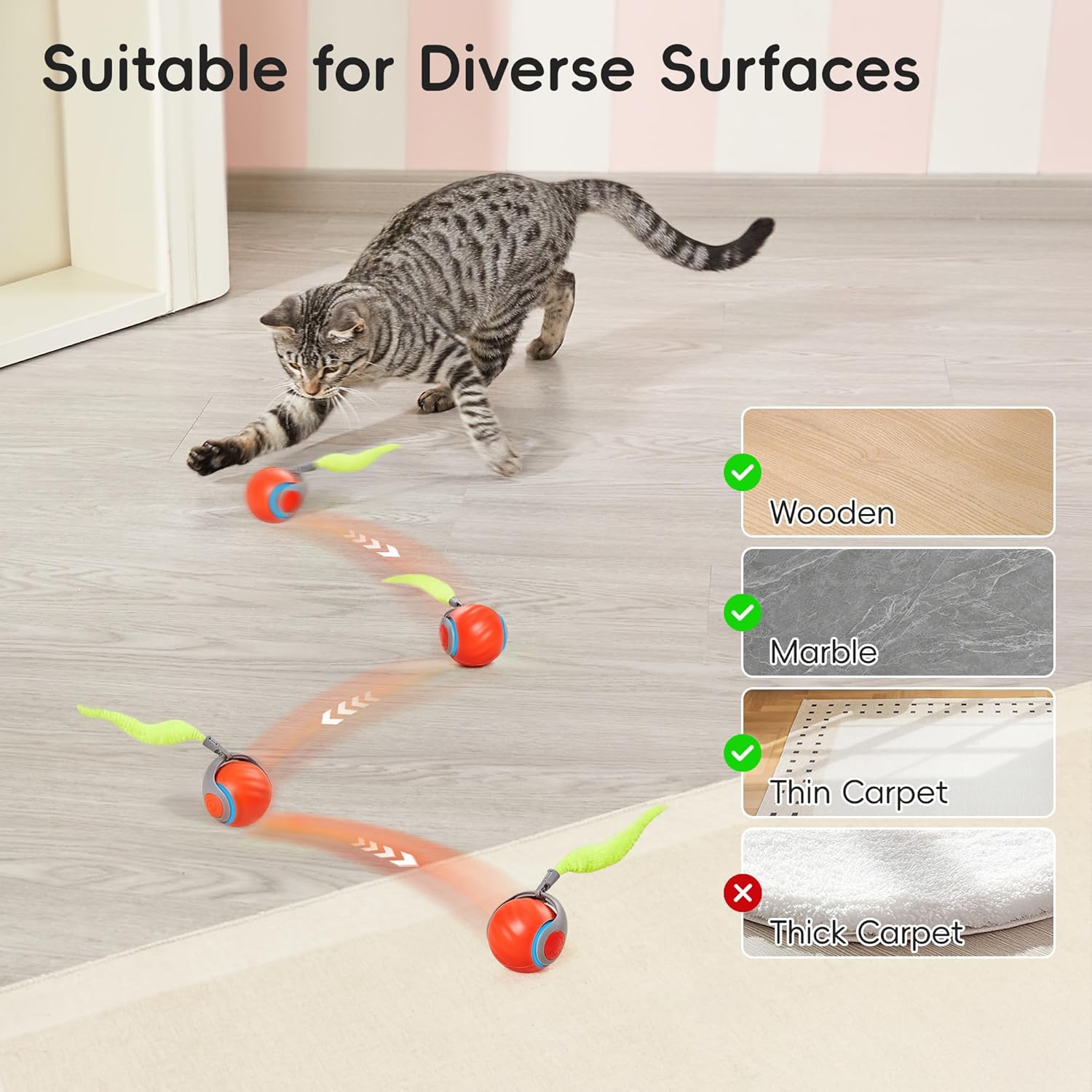Potaroma Engaging Plush Silicone Moving Ball Cat Teaser Toy with Feather Tail, Rechargeable 2025 New Interactive Toy for Indoor Cats to Stimulate Hunting Instincts, Orange