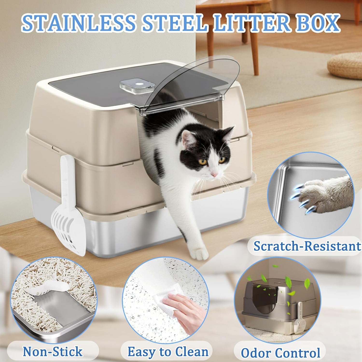 Stainless steel Enclosed Cat Litter Box with Flip-Top Lid, Large Covered Litter Box, High Sided Litter Pan with Litter Scoop & Mat, Odor Control, Leak Proof, Easy Cleaning, Grey