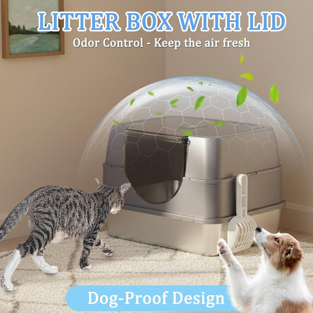 Stainless steel Enclosed Cat Litter Box with Flip-Top Lid, Large Covered Litter Box, High Sided Litter Pan with Litter Scoop & Mat, Odor Control, Leak Proof, Easy Cleaning, Grey