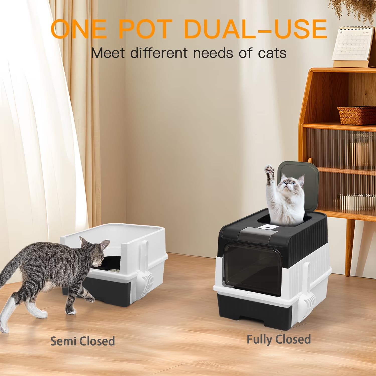 Enclosed Cat Litter Box, Foldable Lightweight with Litter Scoop, Easy to Clean, Black