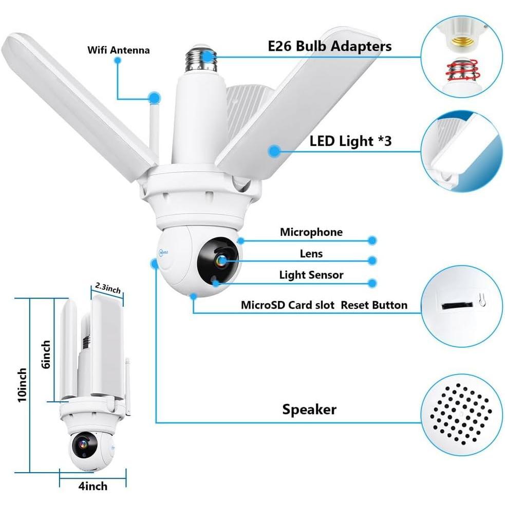 Wireless Security Camera Light Works with Alexa,Super Bright 30W 3000Lumens Garage Light with Wired Socket and 64g TFcard, WiFi 360 PTZ Smart AI Human Detection Cam,Two-Way Audio,Color Night Vision