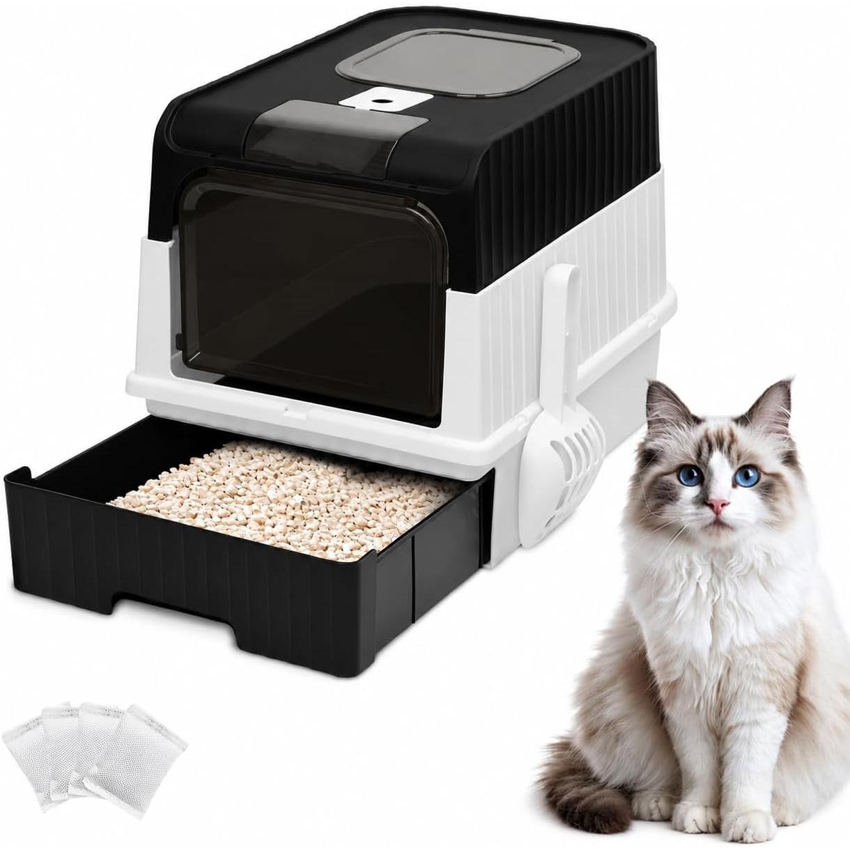 Enclosed Cat Litter Box, Foldable Lightweight with Litter Scoop, Easy to Clean, Black