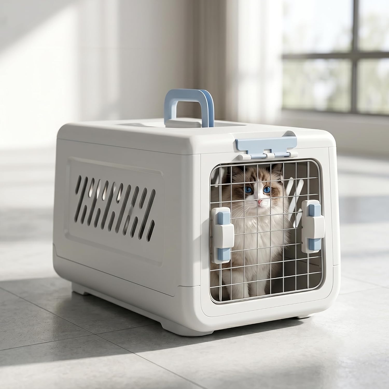 Plastic Geometric Hard-Sided Pet Carrier for Cats & Small Dogs, 19.69" L x 12.60" W x 12.40" H Airline-Approved Travel Kennel with Steel Secure Front Wire Door, Ventilation & Ergonomic Top Handle (Pink)