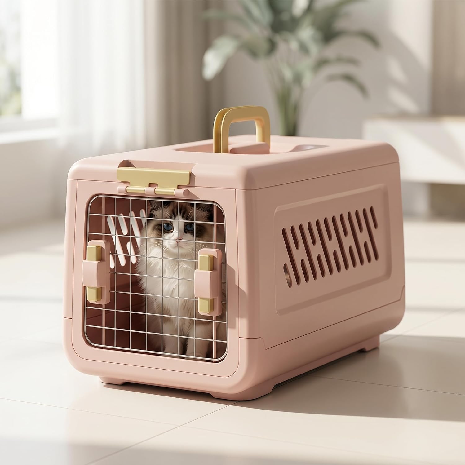 Plastic Geometric Hard-Sided Pet Carrier for Cats & Small Dogs, 19.69" L x 12.60" W x 12.40" H Airline-Approved Travel Kennel with Steel Secure Front Wire Door, Ventilation & Ergonomic Top Handle (Pink)