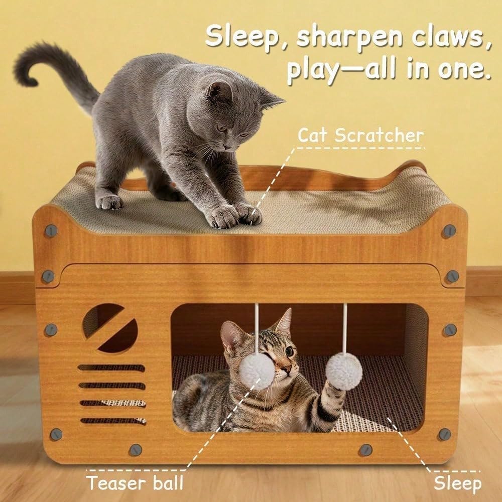 New Multi-Function Cat Scratcher House,3-in-1 Scratch Pad and Soft Bed , Durable Build & Ideal for Cats/Kitty Modern-Style Cat House| Ideal for cats to rest, relax, and play(Color:yellow/B)